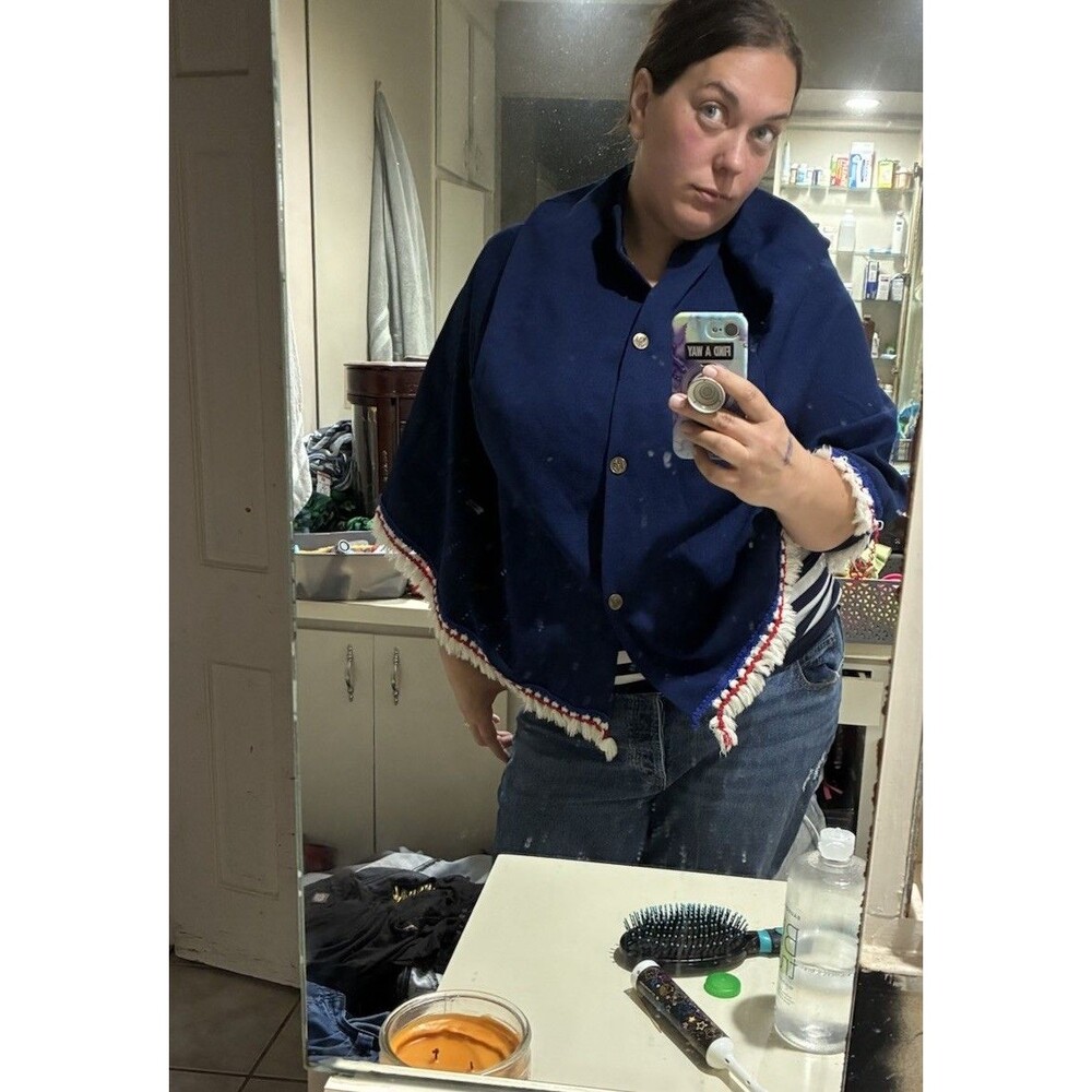 Vintage Handmade 70s Blue Cape Poncho Gold Crest‎ Buttons Fringe Americana OS